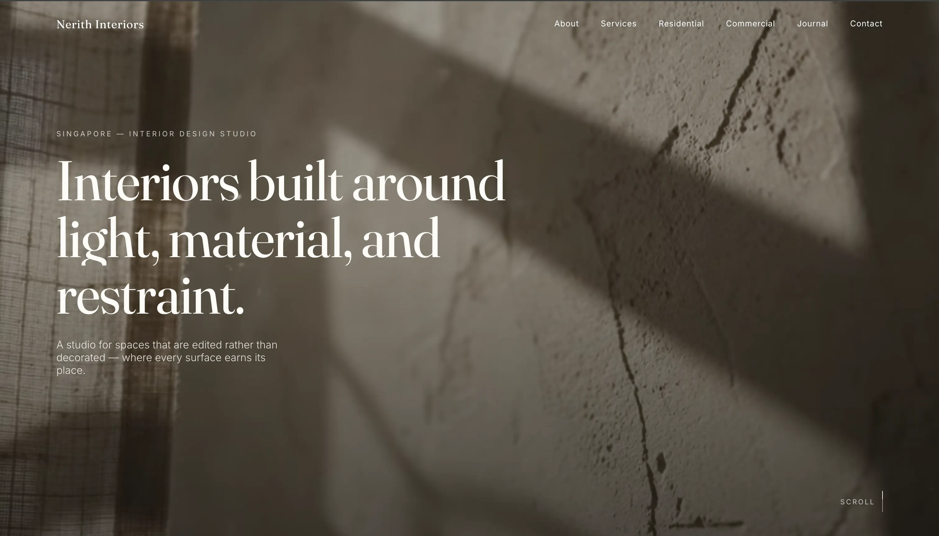 Nerith Interiors homepage, a refined interior design studio website